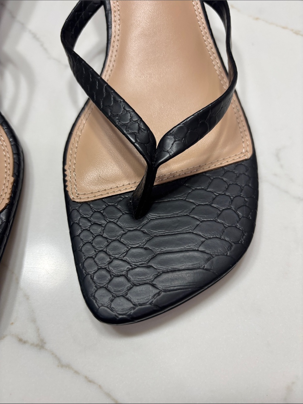 Black Croc-Texture Thong Sandal with Nude Footbed - Picture 4 of 9